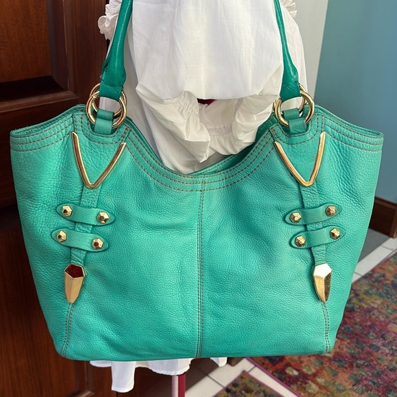 Oryany large Shoulder Bag leather green side of Aqua many inside pockets gold - Picture 1 of 17